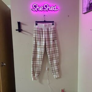 Plaid Reverse Weave Joggers in White, Brown, and Navy